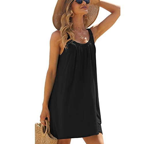 RPAEOY Damen Strandkleid Plissee Sommerkleid Sommer Strandponcho Boho Strandtunika Bikini Cover-Ups Strandurlaub Badeanzug Beachwear Bademode Kurze Kleid (Schwarz,L) von RPAEOY