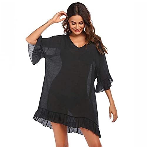 RPAEOY Damen Strandkleid Rüschen Baumwolle Sommer Strandponcho Boho Strandtunika Bikini Cover-Ups Strandurlaub Badeanzug Beachwear Sommerkleid Bademode Kurze Kleid (Schwarz) von RPAEOY