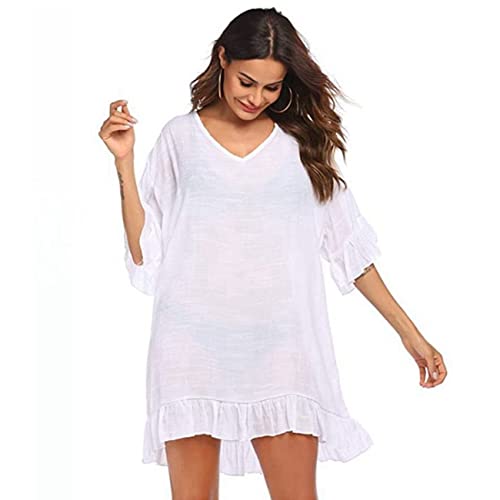 RPAEOY Damen Strandkleid Rüschen Baumwolle Sommer Strandponcho Boho Strandtunika Bikini Cover-Ups Strandurlaub Badeanzug Beachwear Sommerkleid Bademode Kurze Kleid (Weiß) von RPAEOY