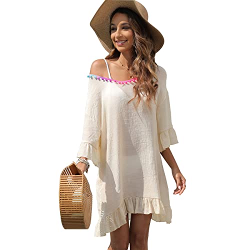 RPAEOY Damen Strandkleid mit Quasten Rüschen Baumwolle Sommer Strandponcho Boho Strandtunika Bikini Cover-Ups Strandurlaub Badeanzug Beachwear Sommerkleid Bademode Kurze Kleid (Beige) von RPAEOY