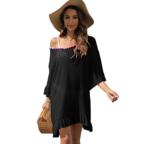 RPAEOY Damen Strandkleid mit Quasten Rüschen Baumwolle Sommer Strandponcho Boho Strandtunika Bikini Cover-Ups Strandurlaub Badeanzug Beachwear Sommerkleid Bademode Kurze Kleid (Schwarz) von RPAEOY