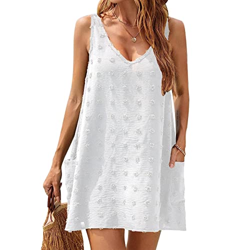 RPAEOY Damen Strandkleid mit Taschen V-Ausschnitt Sommerkleid Sommer Strandponcho Boho Strandtunika Bikini Cover-Ups Strandurlaub Badeanzug Beachwear Bademode Kurze Kleid (Weiß,L) von RPAEOY