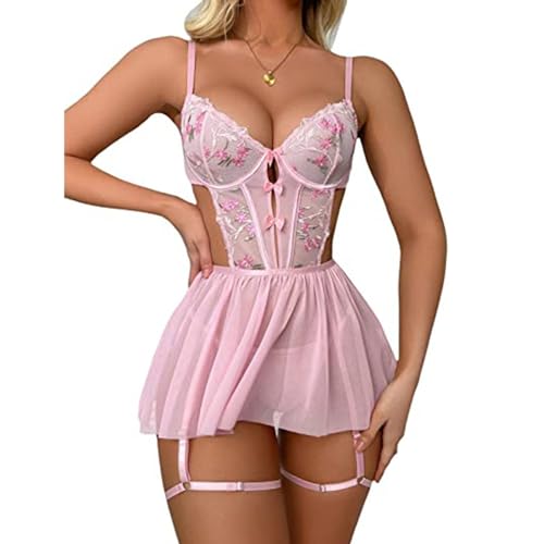 RPAEOY Dessous Sexy Damen Negligee Dessous Kleid Strapsen Dessous Set Nachtkleid mit G-String Reizwäsche Sleepwear Spitze Babydoll Nachtwäsche (Rosa, L) von RPAEOY