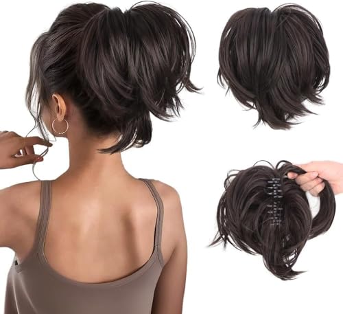 RPAEOY Haarteil Haar Extensions Pferdeschwanz Verlngerung Synthetik Wellig Locken Ponytail Extension Zopf Haarklammer Kurzes Dutt Synthetisches Haarteil fr Frauen (Schwarzbraun) von RPAEOY