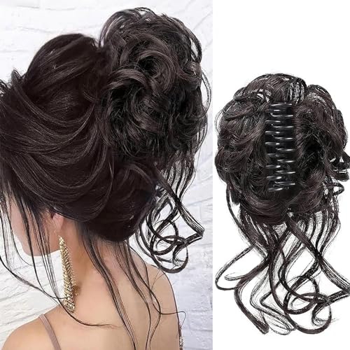 RPAEOY Haarteile Dutt mit Klammer Lockig Wellig Haargummi mit Haaren Klammer Synthetik Messy Bun Haar Scrunchies Haardutt Haarteile für Damen (Bräunlich-schwarz) von RPAEOY