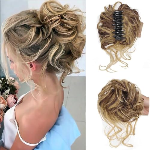 RPAEOY Haarteile Dutt mit Klammer Lockig Wellig Haargummi mit Haaren Klammer Synthetik Messy Bun Haar Scrunchies Haardutt Haarteile für Damen (Goldbraun) von RPAEOY