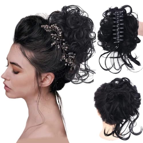 RPAEOY Haarteile Dutt mit Klammer Lockig Wellig Haargummi mit Haaren Klammer Synthetik Messy Bun Haar Scrunchies Haardutt Haarteile für Damen (Schwarz) von RPAEOY