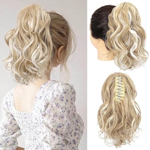 RPAEOY Haarschmuck Klauen Clip in Pferdeschwanz Verlängerung 35 CM Lange Lockige Wellige Natürliche Synthetische Haarverlängerungen Haarteile Ponytail Extension für Damen (Weißblond Strähnchen) von RPAEOY