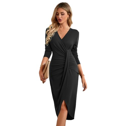 RPAEOY Kleid Damen Ärmel Elegant V-Ausschnitt Langarm Sexy Bodycon Kleid mit Schlitz Wrap de Cocktailkleid Bleistiftkleid Pencilkleid Party Büro Kleider Schwarz S von RPAEOY