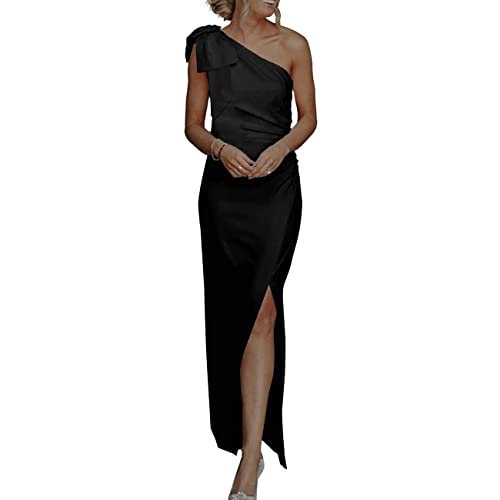 RPAEOY Kleid Damen One Shoulder Ärmellos Rückenfrei Geraffte Sexy Long Bodycon Cocktail Schulterfrei Enger Sommerkleid Partykleid mit Schlitz Freizeitkleid Pencilkleid Wickelkleid (Schwarz,L) von RPAEOY