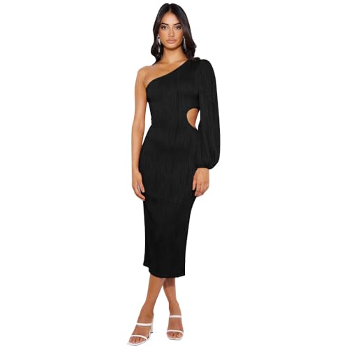 RPAEOY Kleid Damen One Shoulder Langarm Sexy Cutout Long Bodycon Elegant Schlitz Wrap Bleistiftkleid Langes Kleider für Party Cocktail Hochzeit Herbst Schwarz L von RPAEOY