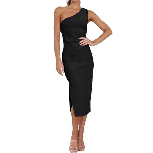 RPAEOY Kleider Damen One Shoulder Sexy Bodycon Cocktail Enger Partykleid mit Schlitz Midikleid Elegant Hohe Taille Festlich Party (Schwarz,XL) von RPAEOY