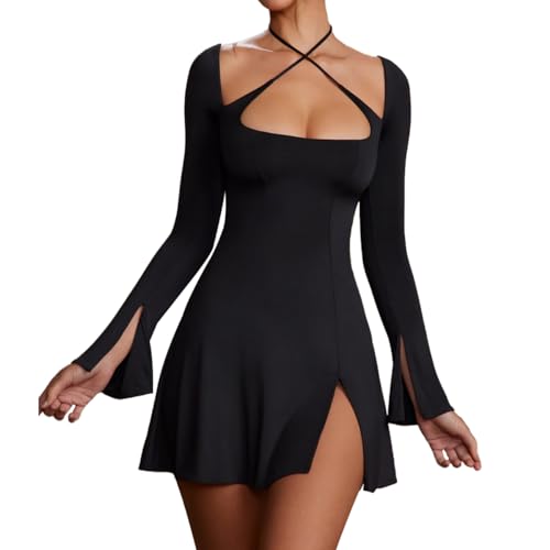 RPAEOY Kleider Damen Quadratischer Ausschnitt Überkreuzter Riemen Langarmkleid Sexy Bodycon Rückenfrei Cocktail Enger Partykleid mit Schlitz Minikleid Elegant Hohe Taille Festlich Party (Schwarz,M) von RPAEOY