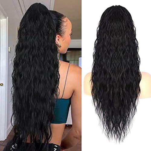 RPAEOY Extensions Echthaar 26 Zoll Lang Wellig Lockig Glattes Pferdeschwanz Haarteil Natürliches Synthetik Haarverlängerung Ponytail Kunsthaar Haarzopf für Damen Frauen (#1) von RPAEOY