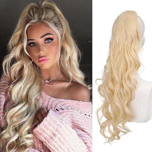 RPAEOY Pferdeschwanz Verlängerung mit Kordelzug 60CM Lange Lockige Wellige Clip in Pferdeschwanz Natürliche Synthetische Haarverlängerungen Haarteile Ponytail Extension für Damen Frauen (Golden) von RPAEOY