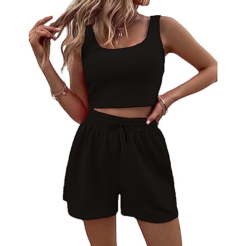 RPAEOY Schlafanzug Damen Zweiteiler Gerippt Spaghettiträger Ärmelloses Tank Tops und Hoch Taillierte Shorts mit Taschen 2 Teiler Sets Loung Pyjama Sommerkleidung Schwarz M von RPAEOY