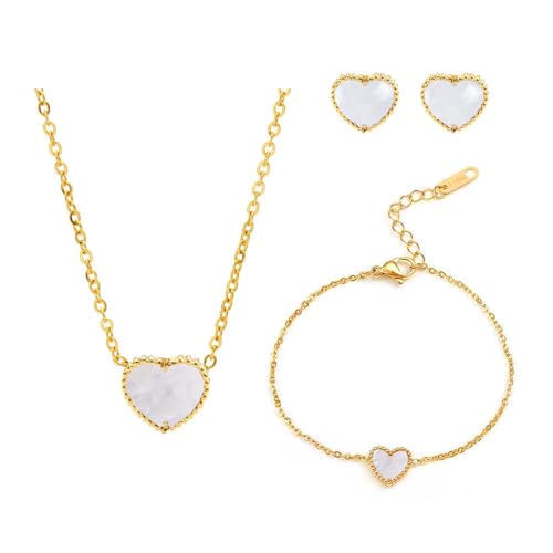 RPAEOY Herz Schmuckset 18k Gold Perlmutt Anhänger Halskette Armband Damen Schmuck Elegante Kette Klassisches Schmuckset von RPAEOY