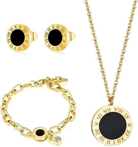 RPAEOY Römische Ziffern Schmuckset Runde Anhänger Halskette Ohrringe Armband Edelstahl Doppelseitig Schwarz Gold Klassisch Elegant von RPAEOY