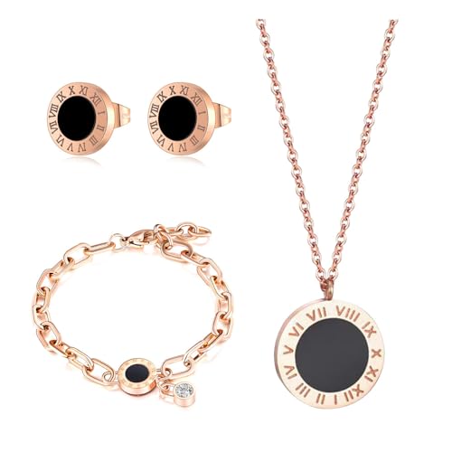 RPAEOY Schmuckset für Damen und Mädchen Zirkonia Edelstahl Römische Ziffern Anhänger Halskette Ohrringe Armband Set Vergoldet Versilbert Schmuck Set Brautschmuck (Roségold) von RPAEOY