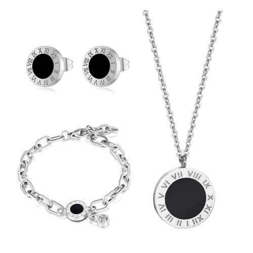 RPAEOY Schmuckset für Damen und Mädchen Zirkonia Edelstahl Römische Ziffern Anhänger Halskette Ohrringe Armband Set Vergoldet Versilbert Schmuck Set Brautschmuck (Silber) von RPAEOY