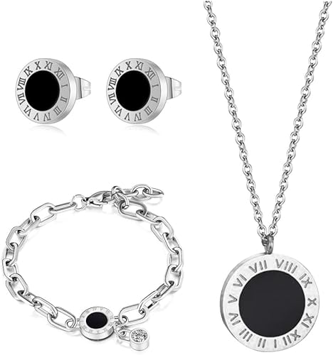 RPAEOY Römische Ziffern Schmuckset Runde Anhänger Halskette Ohrringe Armband Edelstahl Doppelseitig Schwarz Gold Klassisch Elegant von RPAEOY