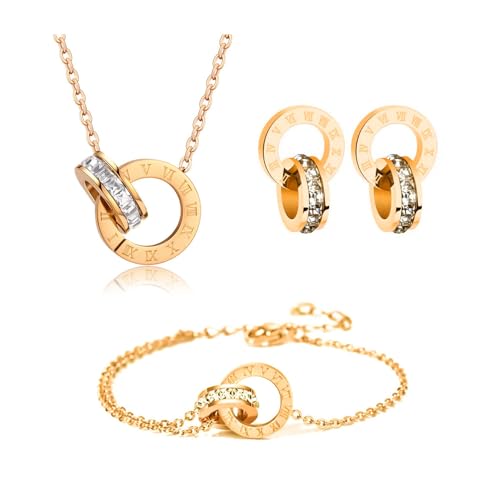 RPAEOY Schmuckset für Damen und Mädchen Zirkonia Edelstahl Römische Ziffern Kreis Anhänger Halskette Ohrringe Armband Set 18K Vergoldet Versilbert Schmuck Set Brautschmuck (Gold) von RPAEOY