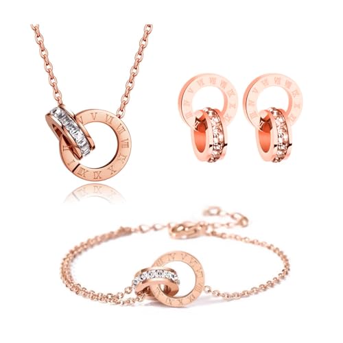 RPAEOY Schmuckset für Damen und Mädchen Zirkonia Edelstahl Römische Ziffern Kreis Anhänger Halskette Ohrringe Armband Set 18K Vergoldet Versilbert Schmuck Set Brautschmuck (Roségold) von RPAEOY