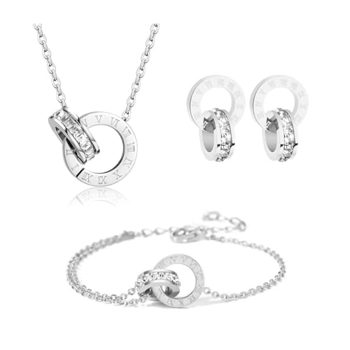 RPAEOY Schmuckset für Damen und Mädchen Zirkonia Edelstahl Römische Ziffern Kreis Anhänger Halskette Ohrringe Armband Set 18K Vergoldet Versilbert Schmuck Set Brautschmuck (Silber) von RPAEOY