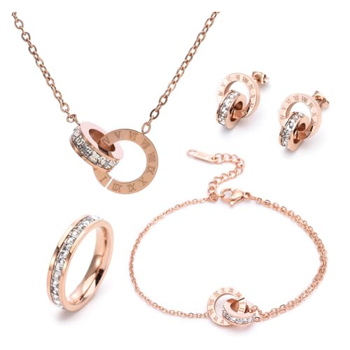 RPAEOY Schmuckset für Damen und Mädchen Zirkonia Edelstahl Römische Ziffern Kreis Vergoldet Anhänger Halskette Ohrringe Armband Set Schmuck Set Brautschmuck (Roségold) von RPAEOY