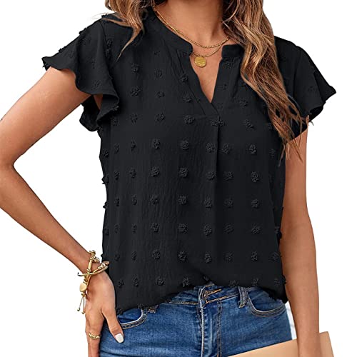 RPAEOY Shirts Damen Sommer Vausschnitt Bluse mit Flügelärmeln Basic T Shirt Kurzarm Oberteil Locker Casual Tshirt Strukturmuster Tunika Elegant Freizeit Oberteile Blumenstickerei Tops von RPAEOY