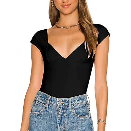 RPAEOY Shirts Damen Sommer Vausschnitt Kurzarm Basic T Shirt Figurbetont Tshirt Casual Oberteile Elastisch Shirt Kurzarm Longshirt Frühling Sommer Tops von RPAEOY