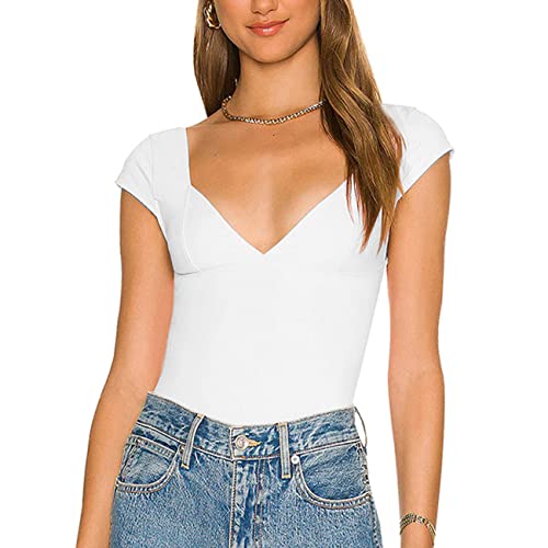 RPAEOY Shirts Damen Sommer Vausschnitt Kurzarm Basic T Shirt Figurbetont Tshirt Casual Oberteile Elastisch Shirt Kurzarm Longshirt Frühling Sommer Tops von RPAEOY
