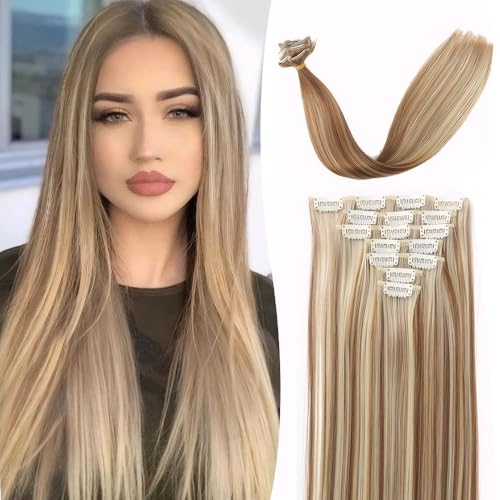 RPAEOY 7 Stück Clip in Extensions Zopf für Damen 16 Clips Dickes Natürliches Weiches Synthetisches Haarteil Extensions Kopf Glatt 55cm Clip in Extensions(Blond) von RPAEOY