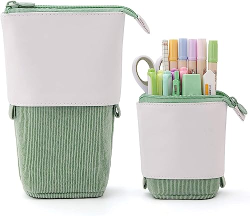 RPEIXYA Federmäppchen Kinder Ständer Bleistifthalter PU Cord Niedlicher Kosmetiktasche Organizer Teleskopisch Mäppchen Schreibwarenbeutel Reißverschluss Bleistift Tasche für Jungen und Mädchen (Grün) von RPEIXYA