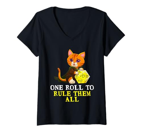 Damen Lustiges RPG Gamer Cat D20 One Roll To Rule All Men Women Kids T-Shirt mit V-Ausschnitt von RPG Gamer Quest Gear