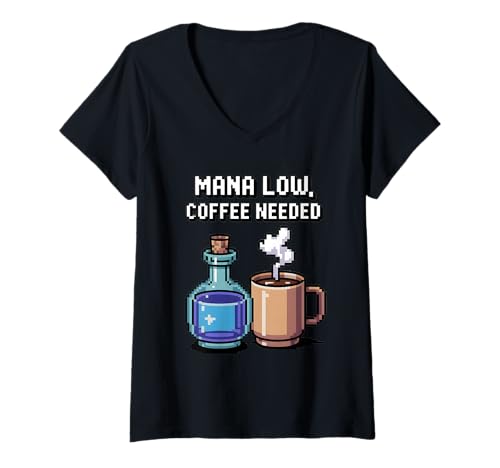 Damen Mana Low Coffee Needed – Funny Pixel Art Gamer T-Shirt mit V-Ausschnitt Damen Mana Low Coffee Needed – Funny Pixel Art Gamer T-Shirt mit V-Ausschnitt von RPG Pixel Apparel | Retro Gaming & Coffee