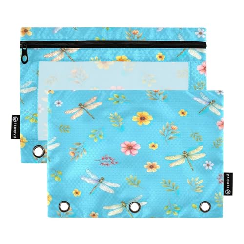 Federmäppchen für 3-Ring-Ordner, 2 Stück, weiches großes Federmäppchen mit Ringen, Schulbedarf, 24,9 x 17,8 cm, Libellen, Aquarell, Blumenblau von RPLIFE