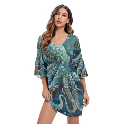 Octopus Meerestier Blaugrün Blau V Ausschnitt Linie Kleid Flowy Sommerkleid Strandkleid mit Ärmel Octopus Meerestier Blaugrün XX-Large, Oktopus Meerestier Blaugrün Blau, XXL von RPLIFE