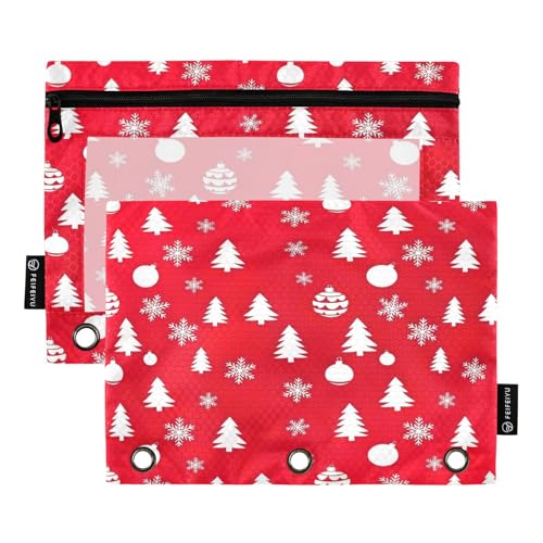 RPLIFE 3-Loch-Bindertasche mit Reißverschluss und transparentem Fenster, 2 Stück, Kinder-Federmäppchen für Jungen, Kinder, Schulbedarf, 24,9 x 17,8 cm, weiße Schneeflocken, Weihnachten von RPLIFE