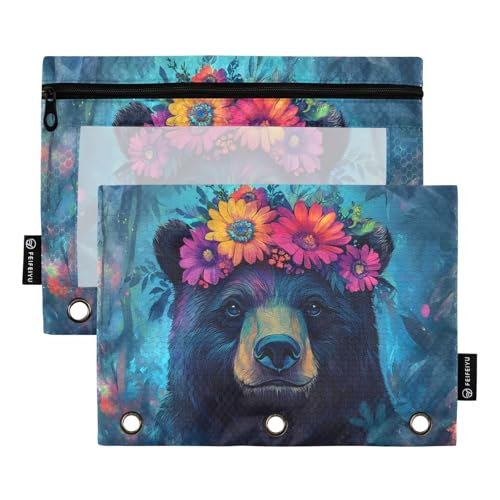 RPLIFE Bindertasche mit Reißverschluss und transparentem Fenster, 2 Stück, Federmäppchen mit Reißverschluss, 24,9 x 17,8 cm, Bär, bunte Blumen, Dunkelblau RPLIFE Bindertasche mit Reißverschluss und transparentem Fenster, 2 Stück, Federmäppchen mit Reißverschluss, 24,9 x 17,8 cm, Bär, bunte Blumen, Dunkelblau von RPLIFE