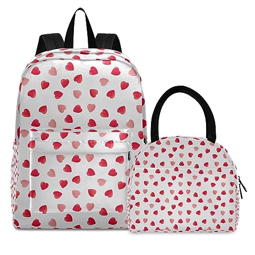 RPLIFE Blumenmuster Zitrone Früchte Büchertasche Lunchbox Set Wasserdicht Kühlrucksack Kinder Rucksack mit Lunchbox, Rotes Herzmuster, Einheitsgröße von RPLIFE