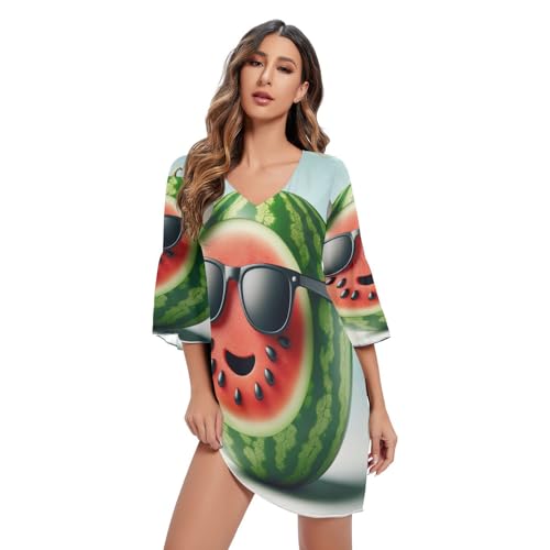 RPLIFE Blumenstrauß sieht aus wie ein Schmetterling Freizeitkleid bedrucktes Kleid Chiffon Sommerkleid Damen, Wassermelone mit Sonnenbrille, Groß von RPLIFE