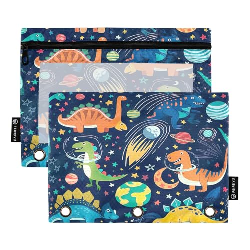 RPLIFE Bunte Dinosaurier-Federmäppchen mit 3 Ringen und transparentem Fenster, 2 Stück für Jungen, Schulbedarf, 24,9 x 17,8 cm (Einheitsgröße) von RPLIFE