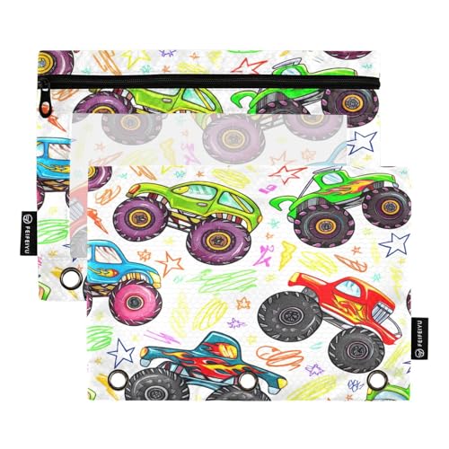 RPLIFE Bunte Monster Trucks Stifteetui mit Reißverschluss für Kinder und Schule, transparente Vordertasche für Jungen und Mädchen, 24,9 x 17,8 cm (Einheitsgröße), 2 Stück von RPLIFE