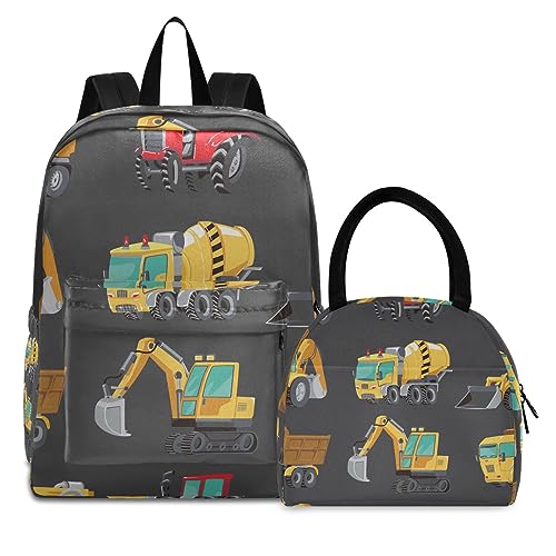 RPLIFE Bunte Spielzeug Trucks Autos Kinder Rucksack Lunchbox Wasserdicht Kühlrucksack Jungen Tasche Pack Set, Buch Taschen mit Lunchbox von RPLIFE