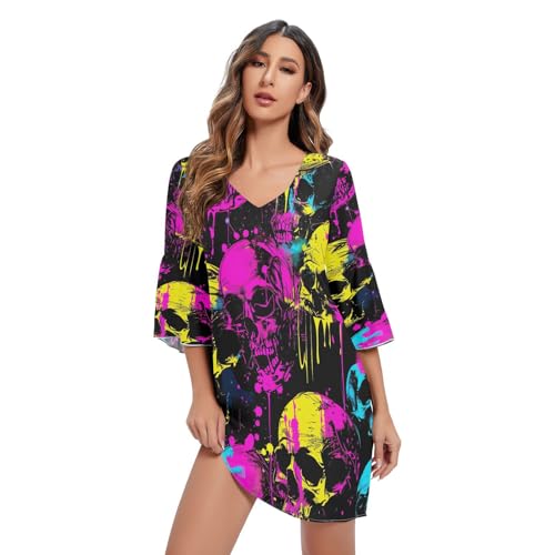 RPLIFE Clockwork Lab Casual V Neck Dress Print Dress Line Umstandskleid, Neonfarbene Totenköpfe, X-Groß von RPLIFE