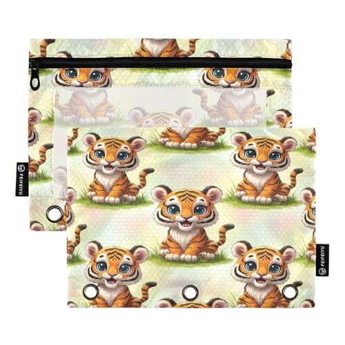 RPLIFE Cute Tigers Bindertasche mit Reißverschluss und 3 Löchern, für Kinder, Schule, durchsichtiges Federmäppchen für Jungen und Mädchen, 24,9 x 17,8 cm (Einheitsgröße x 2) von RPLIFE