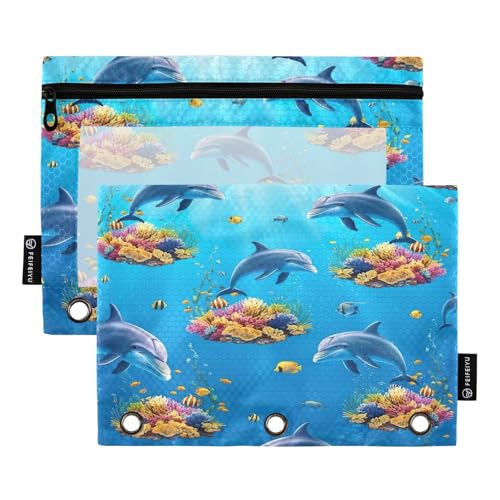 RPLIFE Delfine, bunte Fische, 2er-Pack, 3-Ring-Reißverschluss-Tasche für Kinder, Schule, Federmäppchen mit transparenter Vorderseite für Jungen und Mädchen, 24,9 x 17,8 cm von RPLIFE