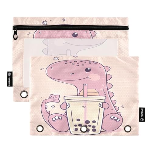 RPLIFE Dinosaurier-Holding Bubble Tea, 2 Stück, 3 Locher für Kinder, Schule, transparentes Federmäppchen für Jungen und Mädchen, 24,9 x 17,8 cm (Einheitsgröße x 2) von RPLIFE