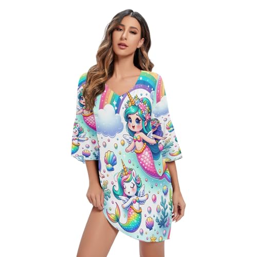 RPLIFE Fantasy Tree House in The Forest Kurzes Sommerkleid Flowy Chiffon Kleider Sommer Swing Kleid, Regenbogen-Einhorn, Meerjungfrau, Mittel von RPLIFE